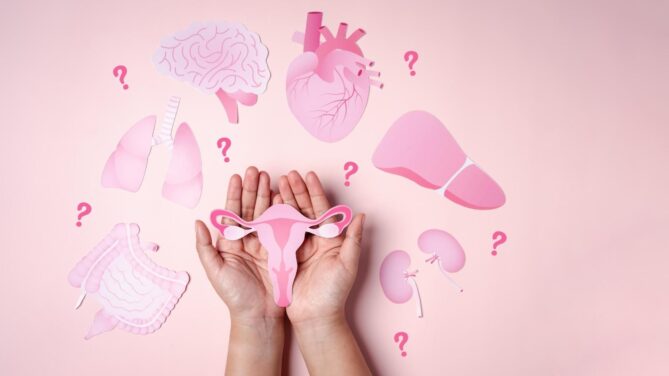 Two hands cupping a pink paper cut out of a uterus surrounded by other pink cutouts of reproductive organs representing infertility misconceptions.