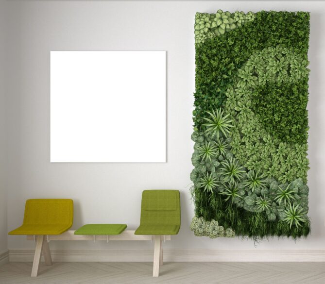 A clinic waiting room with green chairs and a green wall representing how does a sperm bank work.